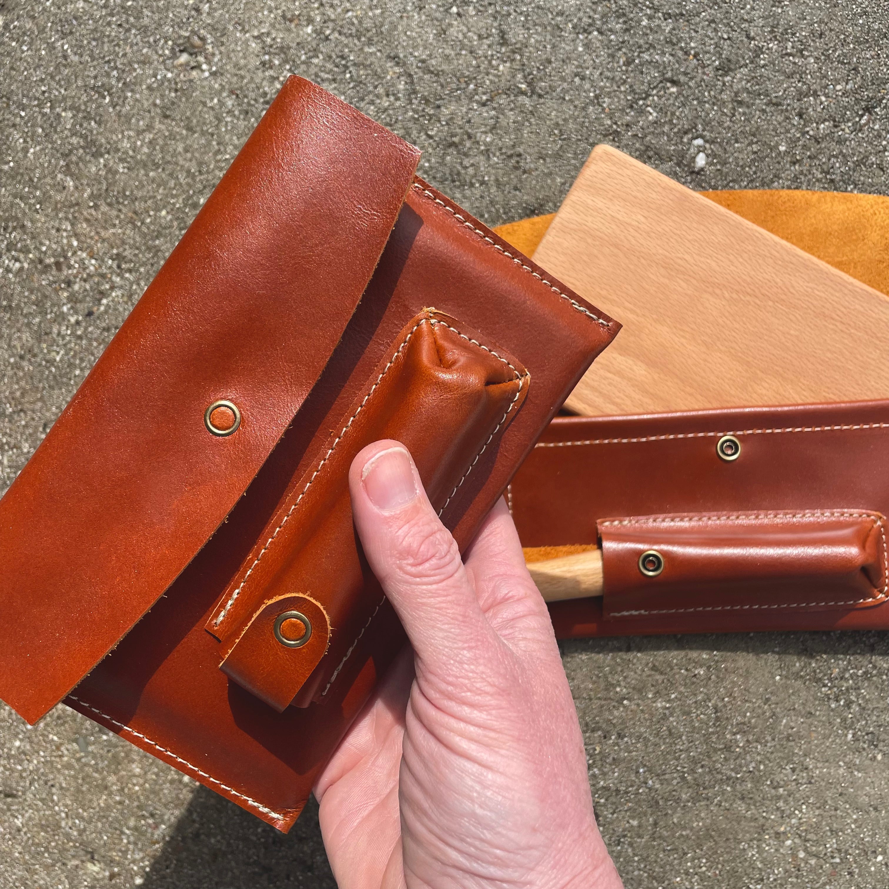 Roadside Travel Cutting Board Set Leather Case With Opinel Pocket